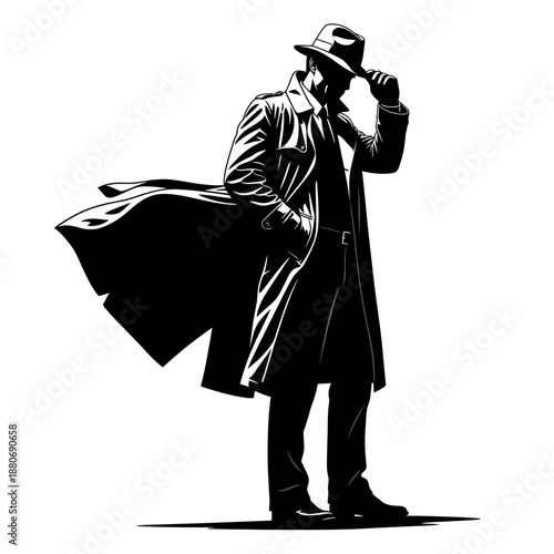Silhouette of a Mysterious Detective in a Trench Coat and Hat.