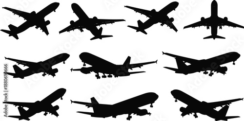 Collection of airplane silhouettes showing commercial passenger aircraft in flight, takeoff and landing views isolated on white background, aviation travel transportation vector illustration design