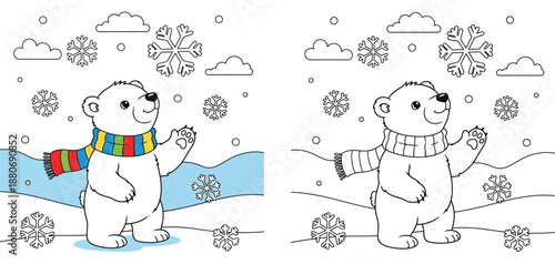 Cute cartoon polar bear with colorful scarf waving paw in snowy winter landscape vector illustration for kids holiday design