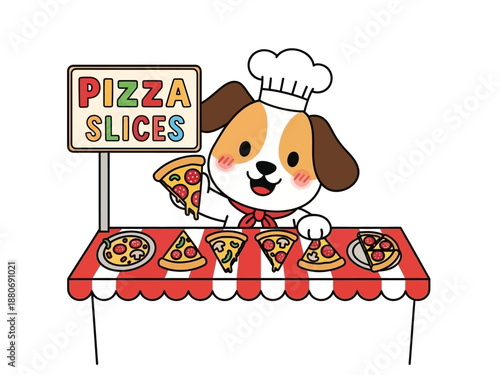 Cartoon dog serving pizza slices happily.