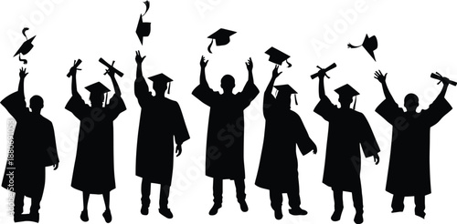 Graduation Celebration Silhouettes Throwing Caps Vector Illustration