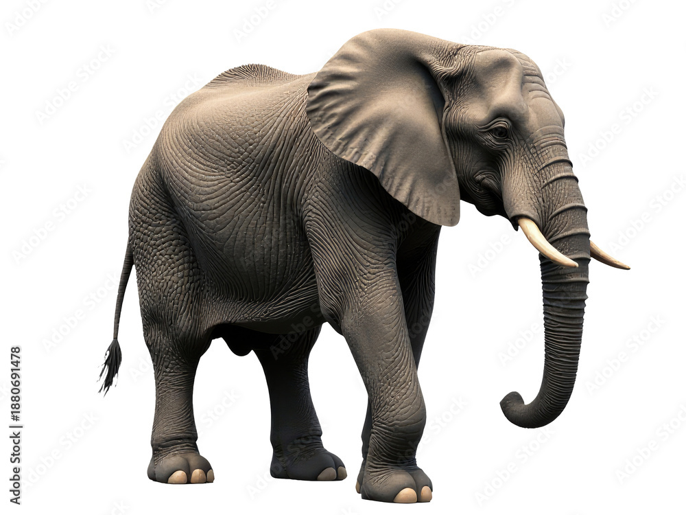 Fototapeta premium Close-up shot of an elephant's head with prominent tusks, set against a clean white surface
