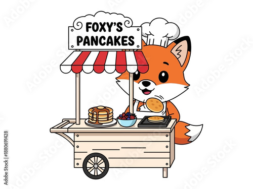 Cartoon Fox Cooking Pancakes Street Food.