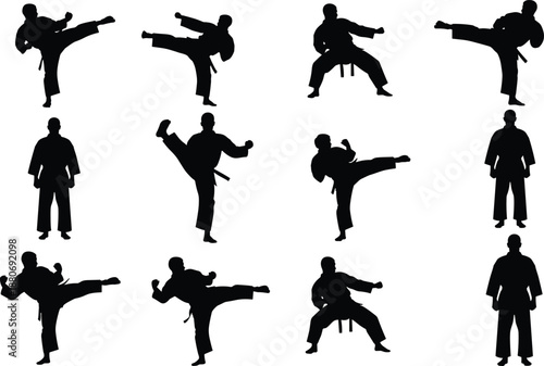 Collection of black martial arts fighter silhouettes isolated on white background, karate and taekwondo poses in dynamic kicking stances, combat sports, training, and fitness illustration set.