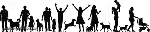 Large, group, of, people, with, dogs, silhouette, set, including, families, children, parents, and, pets, walking, playing, stroller, isolated, on, white, background, vector, illustration