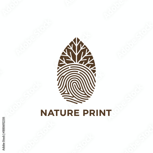 Human fingerprint merging with leaf veins icon for organic identity and eco-friendly branding featuring the text NATURE PRINT in brown.