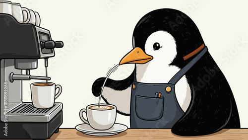 Penguin barista making latte art with espresso machine