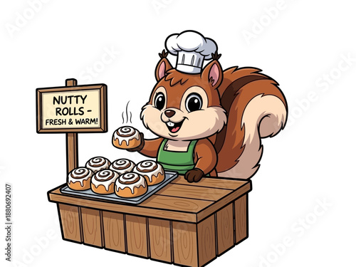 Cartoon squirrel selling sweet rolls.