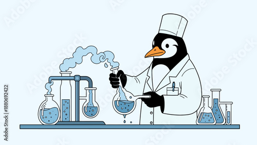 Penguin in lab coat conducts science experiment with beakers and flasks