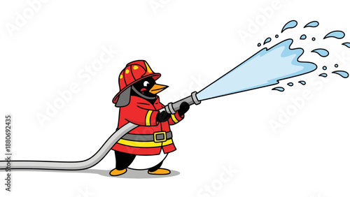 Penguin firefighter spraying water from a hose