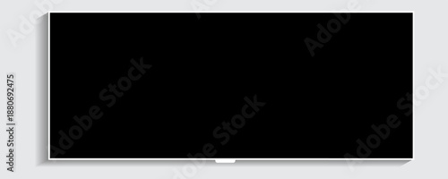Realistic illustration of a 4K LCD or OLED flat-screen TV, plasma, blank black monitor mockup. A wide flat-screen monitor hanging on a wall.