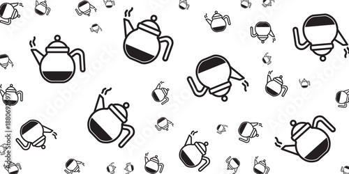 Whimsical Pattern of Black and White Teapots on a White Background, Great for Decor