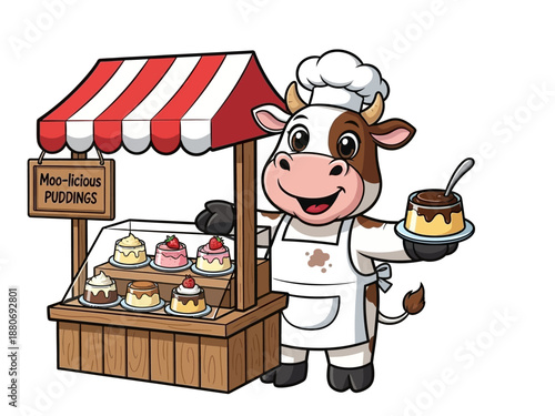 Cow wearing chef hat holding dessert.