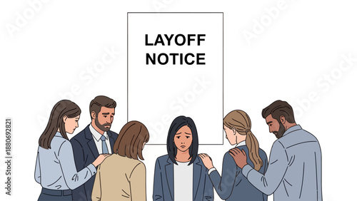 People surround a woman with a layoff notice poster behind her