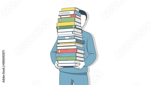 Person holding a large stack of colorful books obscuring their head