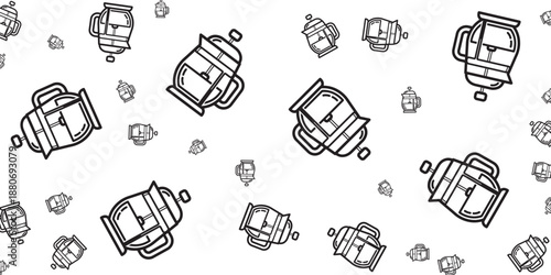 Seamless pattern of French presses and coffee beans, vector illustration for cafes and beverage businesses