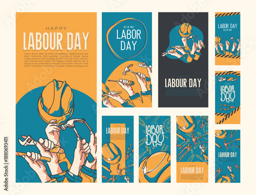 Happy Labor Day Celebration Graphics with Tools and Hands