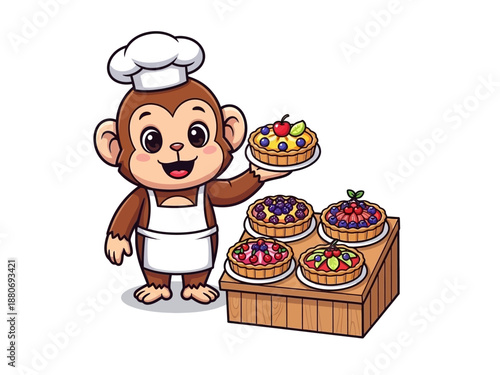 Monkey chef holding dessert pastry.