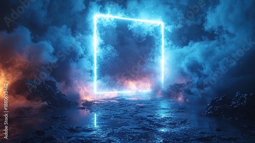 Abstract 3D blue glowing neon rhombus with smoke and square frame in clouds on dark background for design and decoration