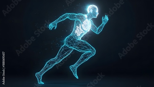 Digital human runner in glowing blue polygonal network for advanced athletic performance analysis