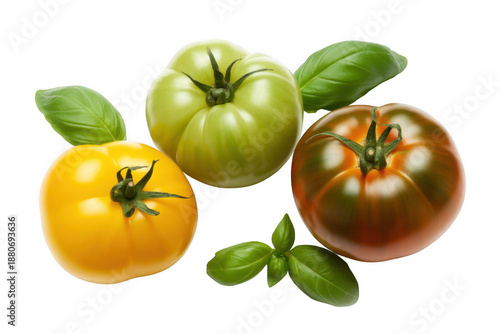 Wallpaper Mural Three tomatoes and basil leaves on black green yellow isolated on a transparent background Torontodigital.ca