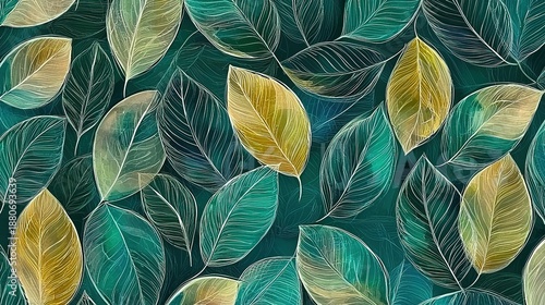 Dark green background with golden line art leaves and orchid flowers, vector illustration in dark teal and gold palette for luxurious wall mural design