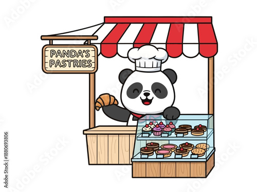 Panda bear wearing chef hat smiling.