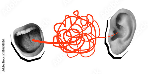 Screaming open mouth with a red tangled ball and ear. Modern collage style. Illustration on a transparent background