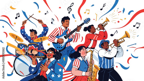 Vibrant illustration of a diverse band performing with musical instruments and colorful streamers on a white background with a lively and festive mood.