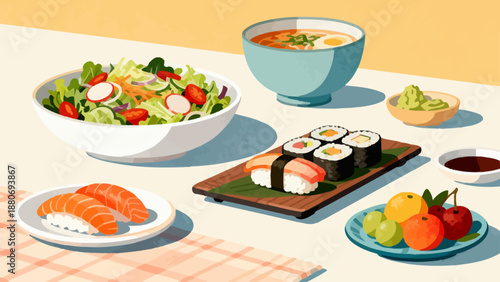 Japanese meal with sushi salad soup and fruit