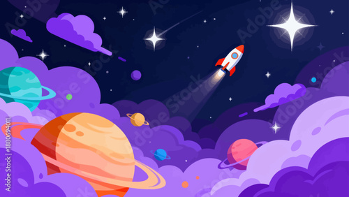 Rocket flying through colorful space