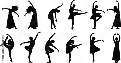 Elegant black silhouettes of female ballet dancers and contemporary performers, graceful woman dancing poses set, artistic movement vector illustration isolated on white background.