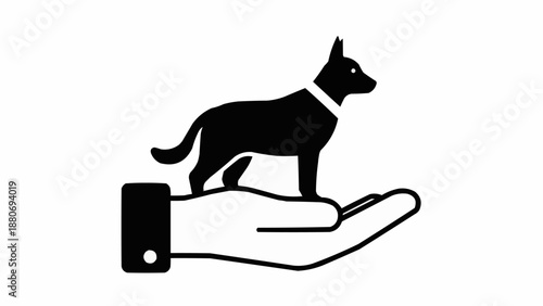 Silhouette of a dog standing on an open hand icon.