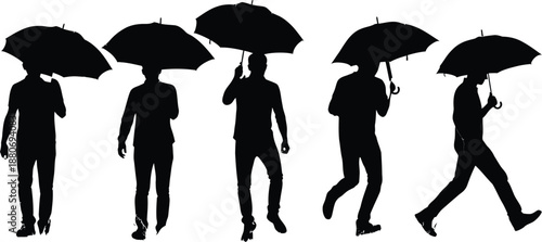 Collection of diverse male silhouettes holding umbrellas representing different weather conditions and movement isolated on white background