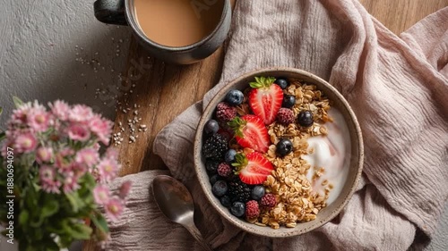 Morning Harmony: An inviting breakfast scene unfolds, featuring a delectable bowl of granola, berries and yogurt, alongside a warm cup of coffee and a delicate bouquet.