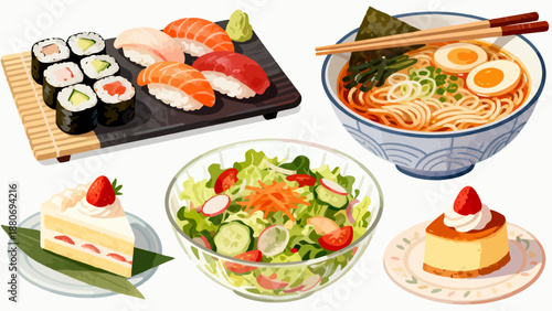 Illustration of various Japanese dishes