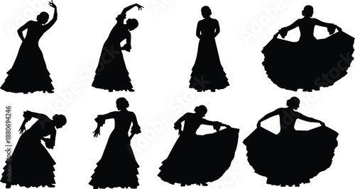 Flamenco dancer silhouettes set, traditional Spanish female performers in ruffled dresses, graceful ethnic dance poses, cultural music event vector illustration, isolated on white