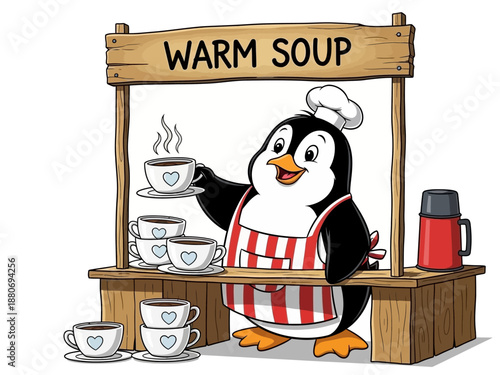 Penguin wearing apron holding cup.