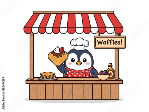 Penguin wearing chef hat serving waffle.