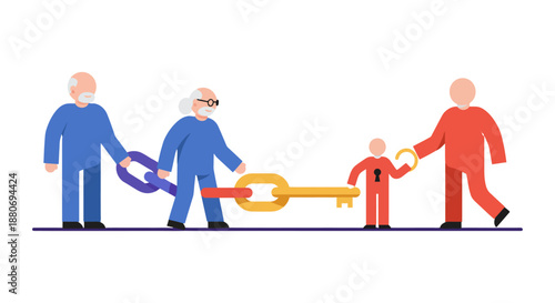 three generations linking together a key and chain representing family legacy intergenerational wealth transfer and future planning for business.