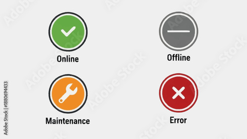 Status icons for online, offline, maintenance, and error.