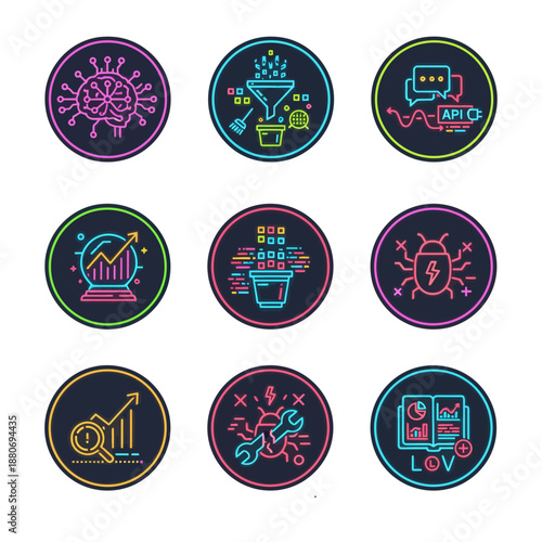technology data analytics business neon icons for ai data processing api forecasting and bug fixes.
