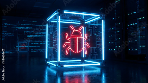 A glowing red neon beetle icon is trapped inside a transparent digital glass cube with blue neon borders in a server room, representing a contained software bug, quarantined malware, or cybersecurity 
