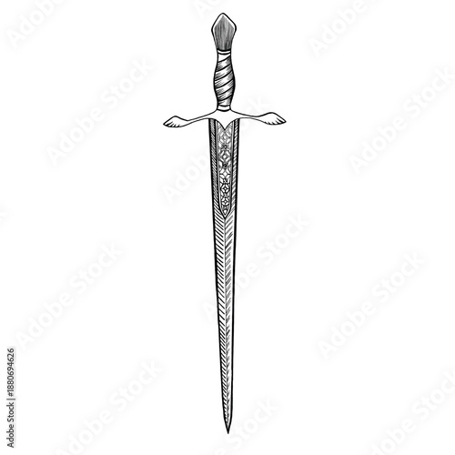 Medieval sword vector illustration on a white background. Sketch of knightly weapons. Black and white. For design and print.