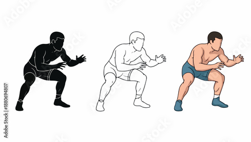 Three athletic men in different colored illustrations wearing shorts and crouching in a defensive stance on a white background.