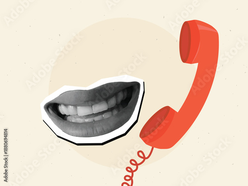 Black and white smiling mouth with a retro handset. Modern photo collage style. Vector illustration