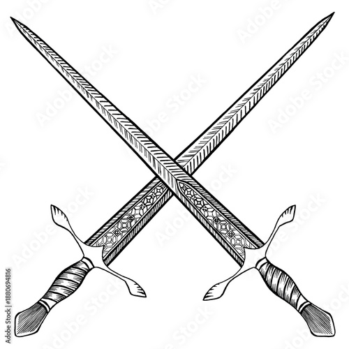 Crossed swords in engraved style. Detailed swords black and white vintage illustration with ornate hilts and guards, classic crossed blades symbol for emblems, logos, heraldry, tattoos