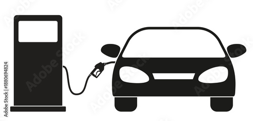 Black silhouette of a car filling up with gasoline at a gas station. Fuel service station. Vector illustration isolated on a white background