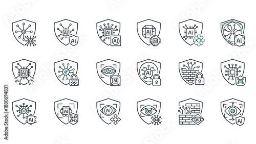 Collection of Various Shield Icons with Symbols.