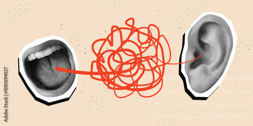 Screaming open mouth with a red tangled ball and ear. Modern collage style. Vector illustration